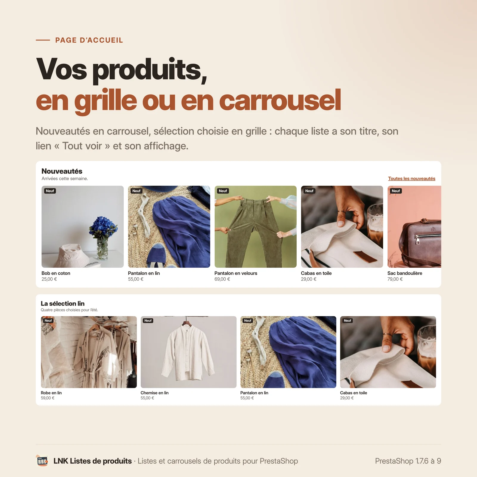 LNK Listes de produits : vos produits en grille ou en carrousel, avec titre et lien « Tout voir »