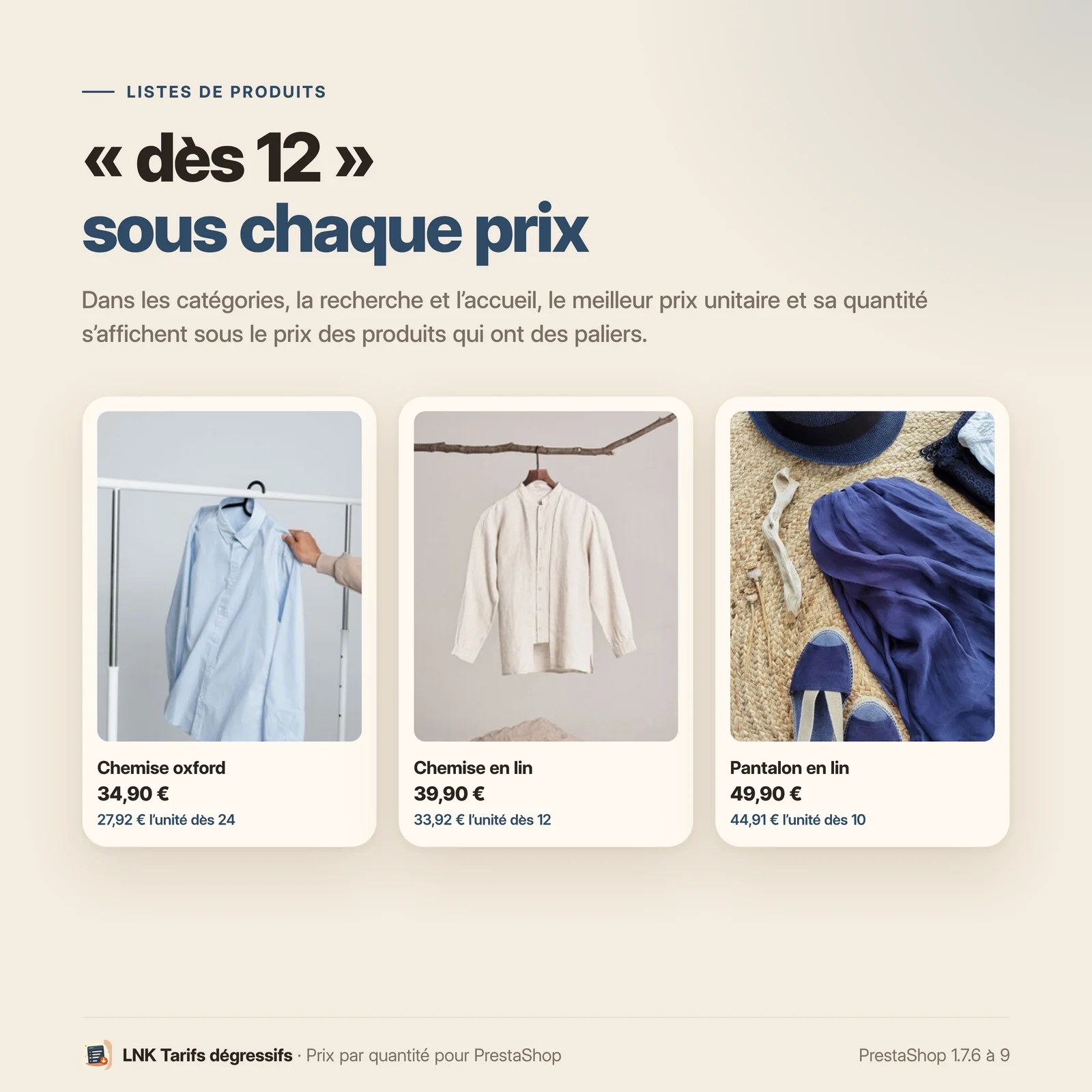 Dans les listes de produits, le meilleur prix unitaire et sa quantité : « 27,92 € l’unité dès 24 »